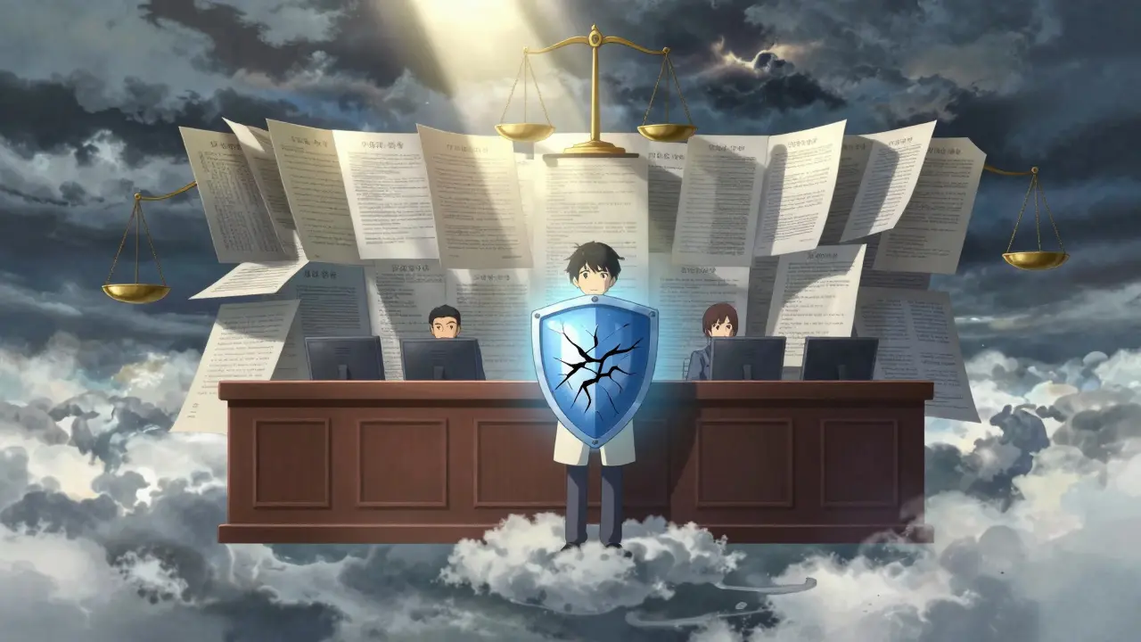 空中の裁判所でジェネリックメーカーが複数の特許壁に立ち向かう幻想的なシーン。