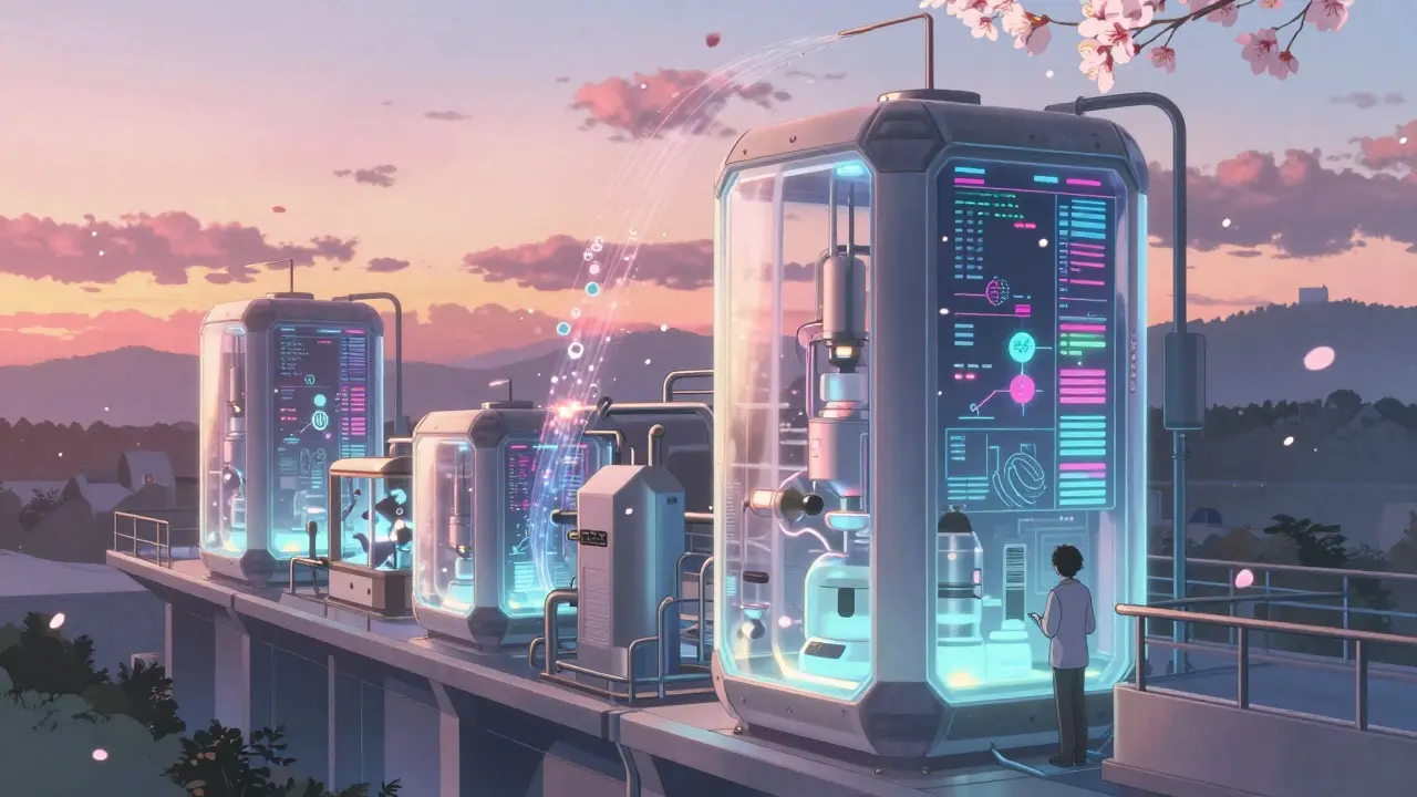 モジュラー工場が夕暮れに輝き、データと分子構造が桜のように流れる未来の姿。