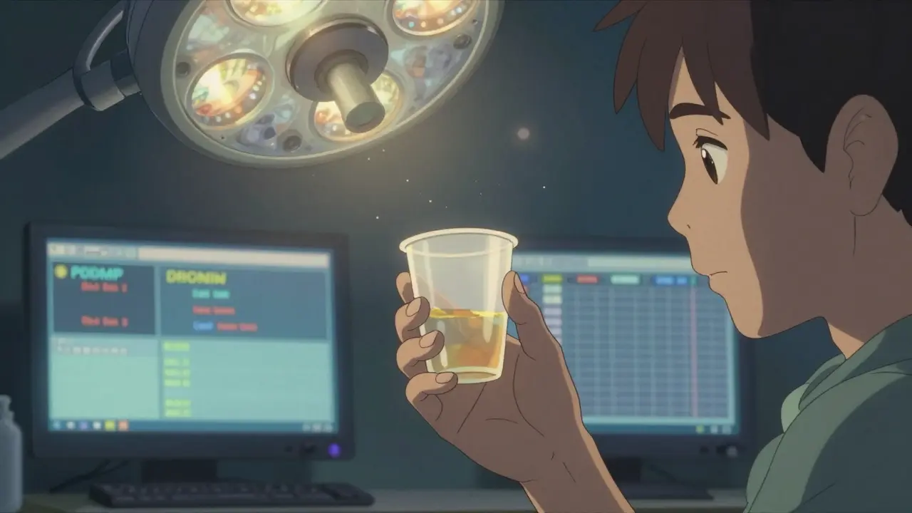 尿検査の样本を手に持つ患者の静かな表情とデジタルモニターの反射。