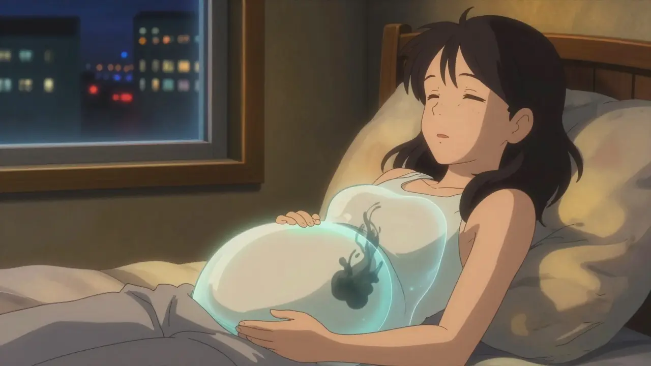 妊娠中の女性が楔形の枕で上半身を上げ、胃酸の逆流を防いでいる様子。温かい光の中で静かに目を閉じている。