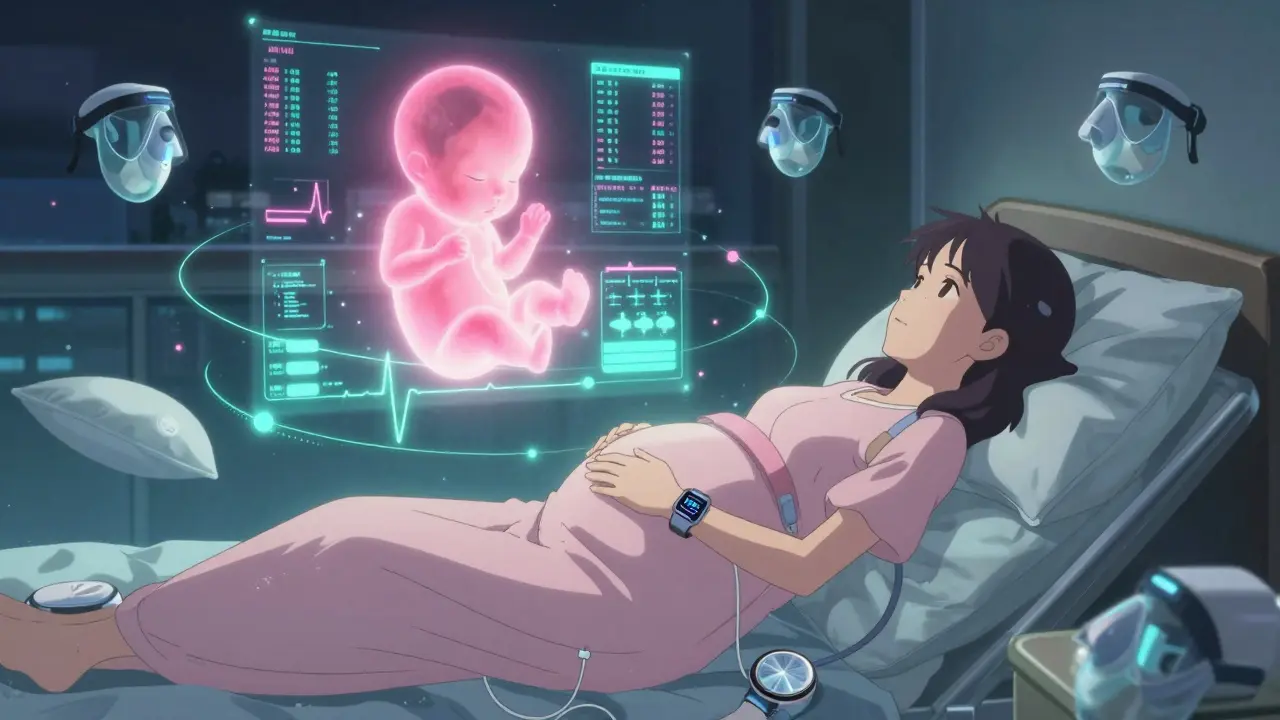 妊娠中の女性がウェアラブルデバイスで睡眠をモニタリングし、体の周りに健康データが浮かぶ未来感あるシーン。