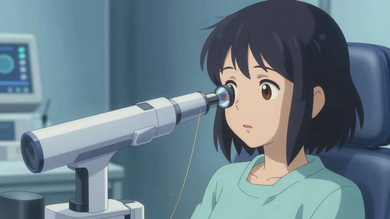 レーザー治療中、患者の目を照らす金色の光線と医療機器のぼやけた光。