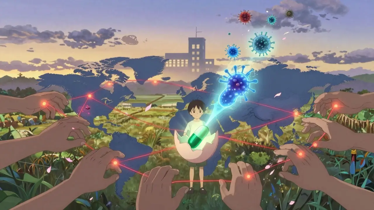 世界中の手がつながり、新しい抗生物質が卵から生まれる幻想的な地図。