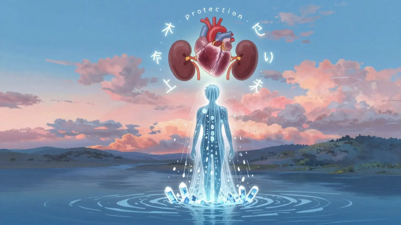 水と光でできた人影からブドウ糖が流れ落ち、心臓と腎臓が守るように浮かぶ抽象的なシーン。