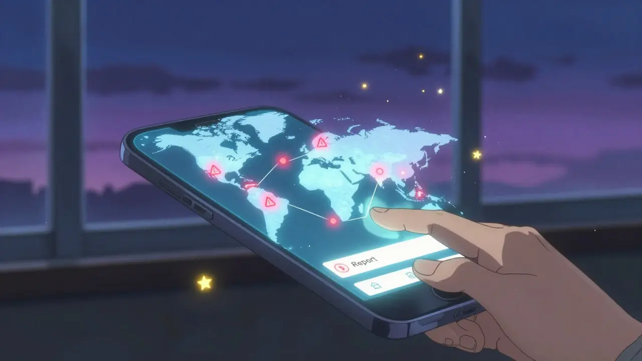 スマートフォンから広がる薬の流通経路のブロックチェーン図と、報告ボタンを押す手。