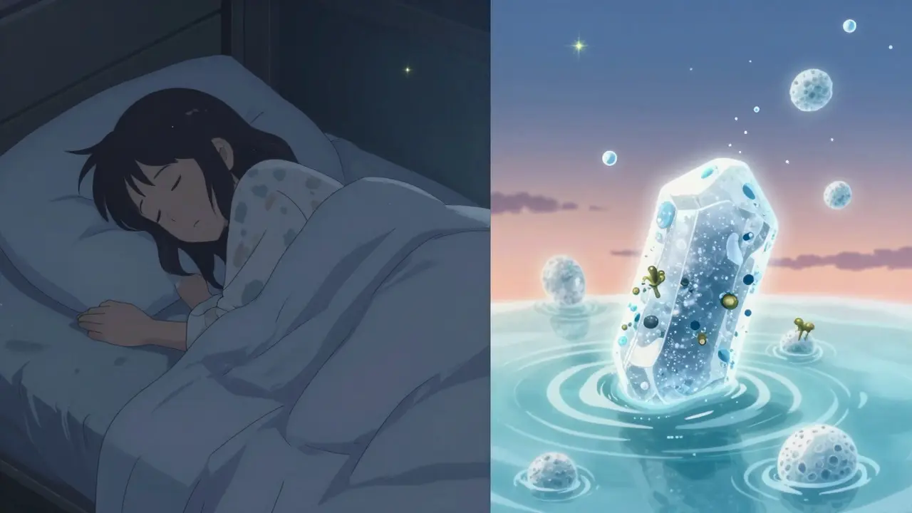 糖とカビの微視的イメージと水の効果を象徴的に描いた夜明けの風景。