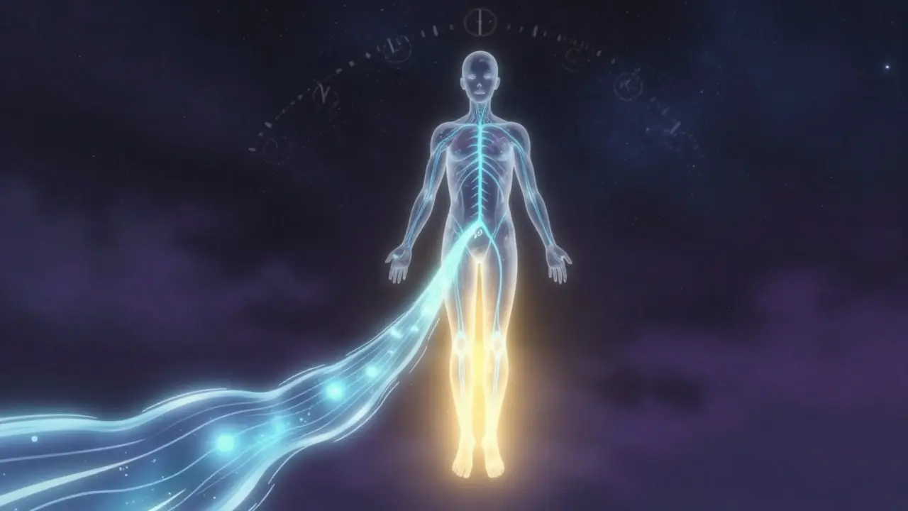 透明な人間の体内を流れる光の血液と、時間と濃度の合計を表す輝く曲線。