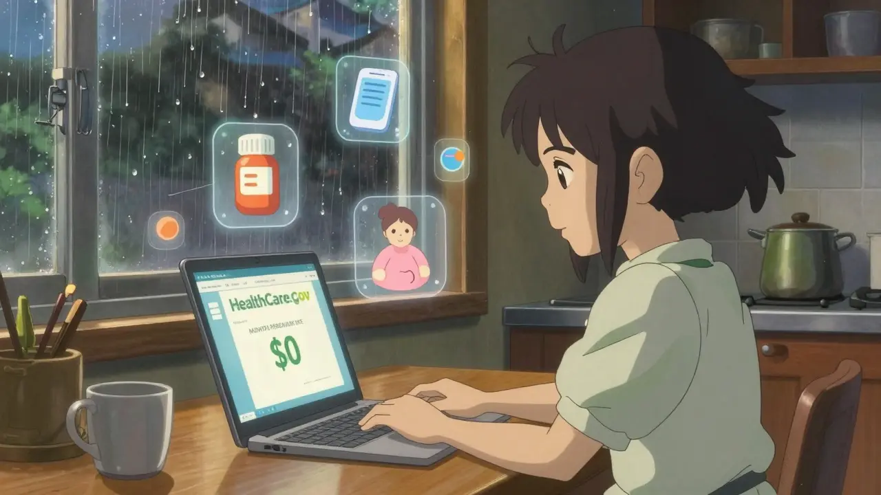 夕方のキッチンでノートパソコンを見つめるフリーランスの女性、医療サービスのアイコンが浮かぶ