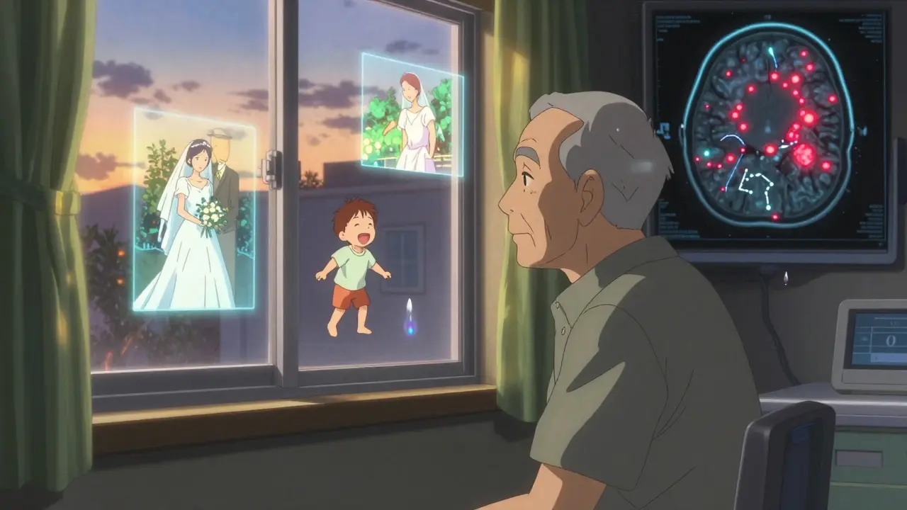 夕暮れの病室で、過去の思い出が消えゆく高齢者と、脳のアミロイド斑を示すMRIの光。