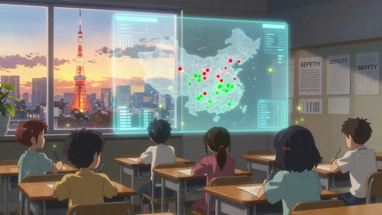 夕暮れの教室で子どもたちが安全ポスターを描き、空中に浮かぶリアルタイムの副作用マップが火の虫のように輝いている。