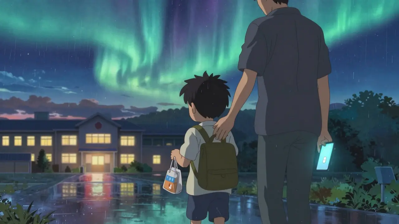 夕暮れの空の下、保護者と子どもが薬を返却しながら帰宅する風景。