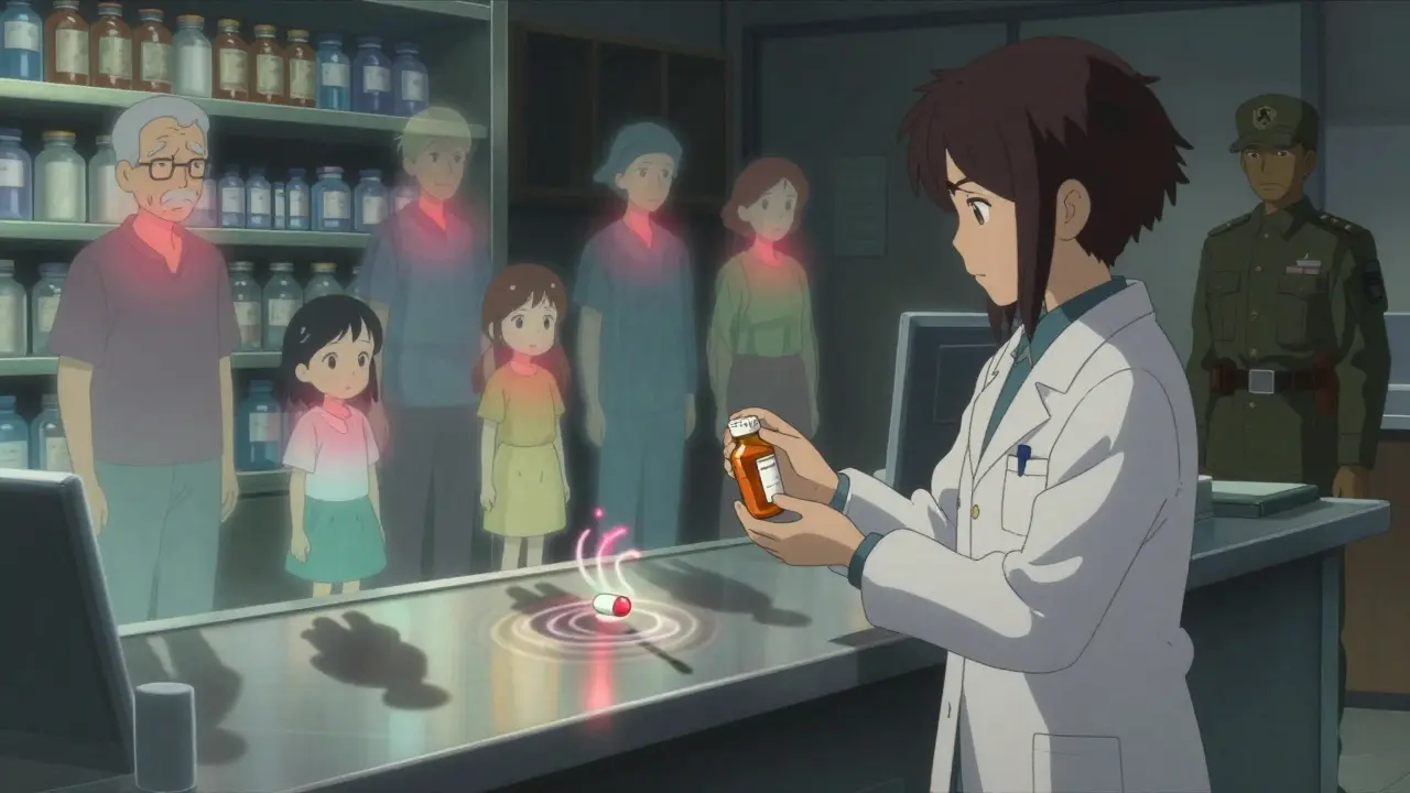 薬剤師が抗生物質の瓶を握り、周囲に耐性菌の警告の輪を持つ人々が浮かぶ。