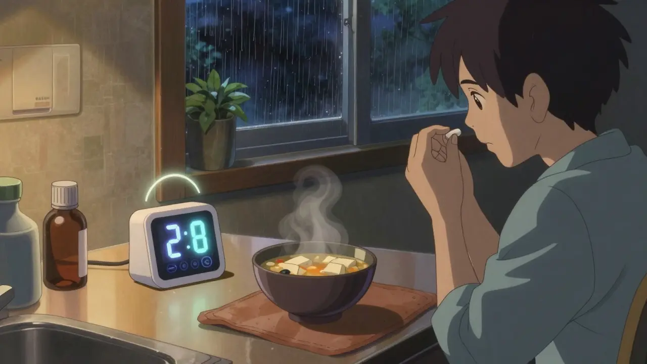 夜、ベッドの近くで薬を飲む人物。豆腐と味噌汁が部屋の反対側に置かれている。