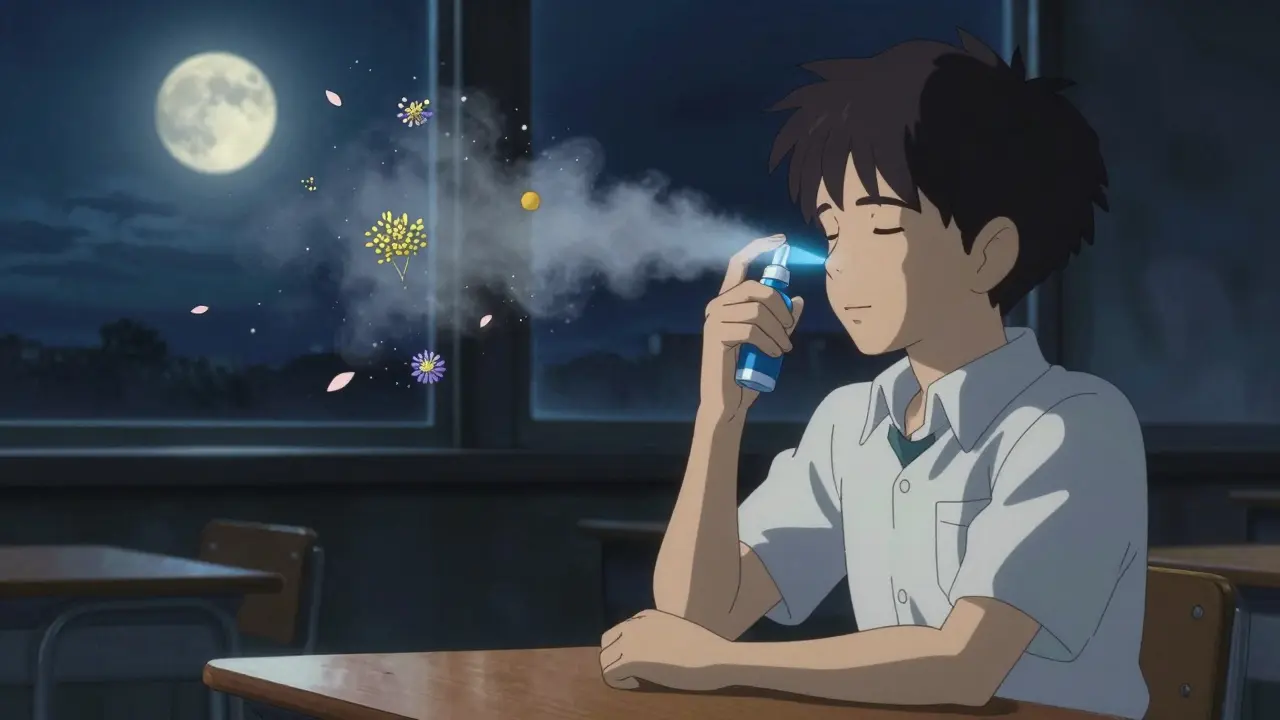 夜、少年が鼻スプレーを使い、薬の霧が花粉を消す様子。