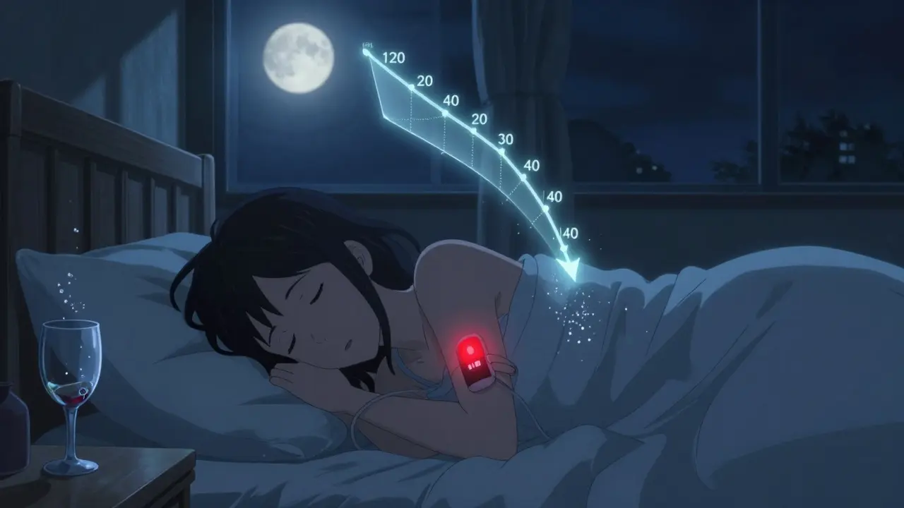 夜中に眠る女性の手首に血糖モニターが赤く点滅し、月光が部屋に差し込む。