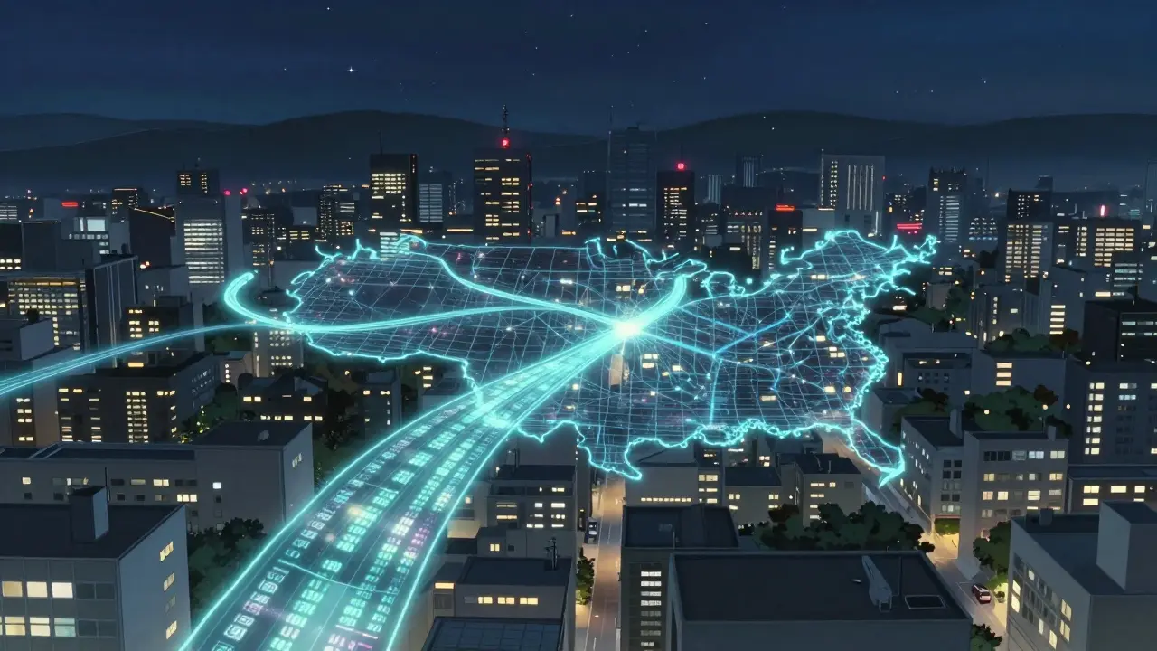 夜の都市上空に光のネットワークが広がるPDMPシステムの象徴的イメージ。