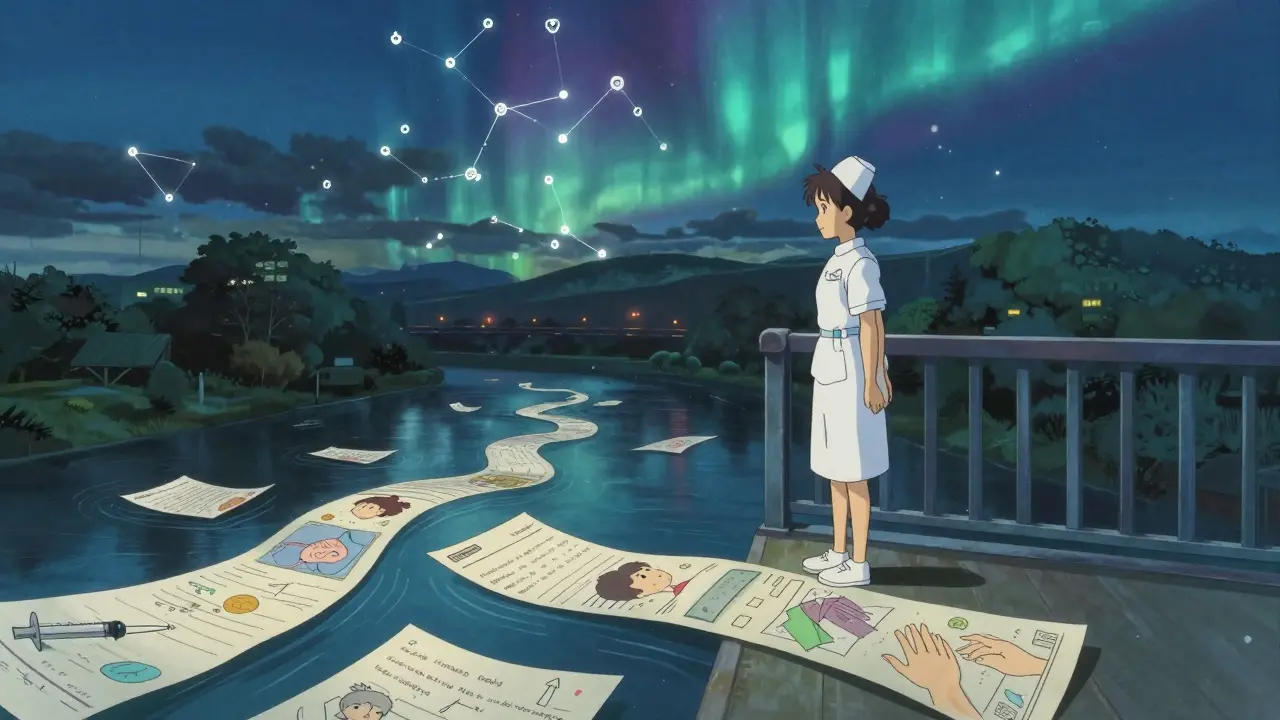 夜の橋の上に立つ看護師が、医療記録と子どもの絵でできた川を見下ろし、空には医療シンボルの星座が輝いている。