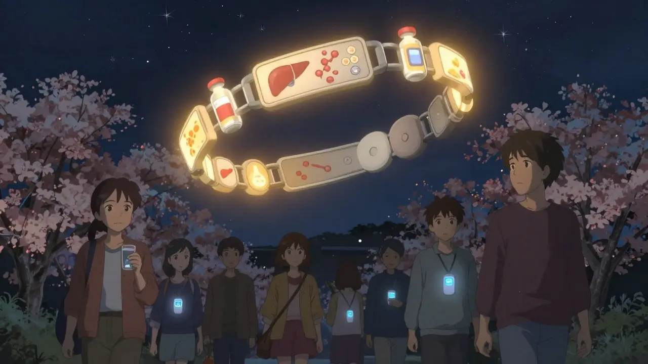 医療用IDブレスレットが星空に浮かび、インスリンとグルコースの象徴が光で描かれている。