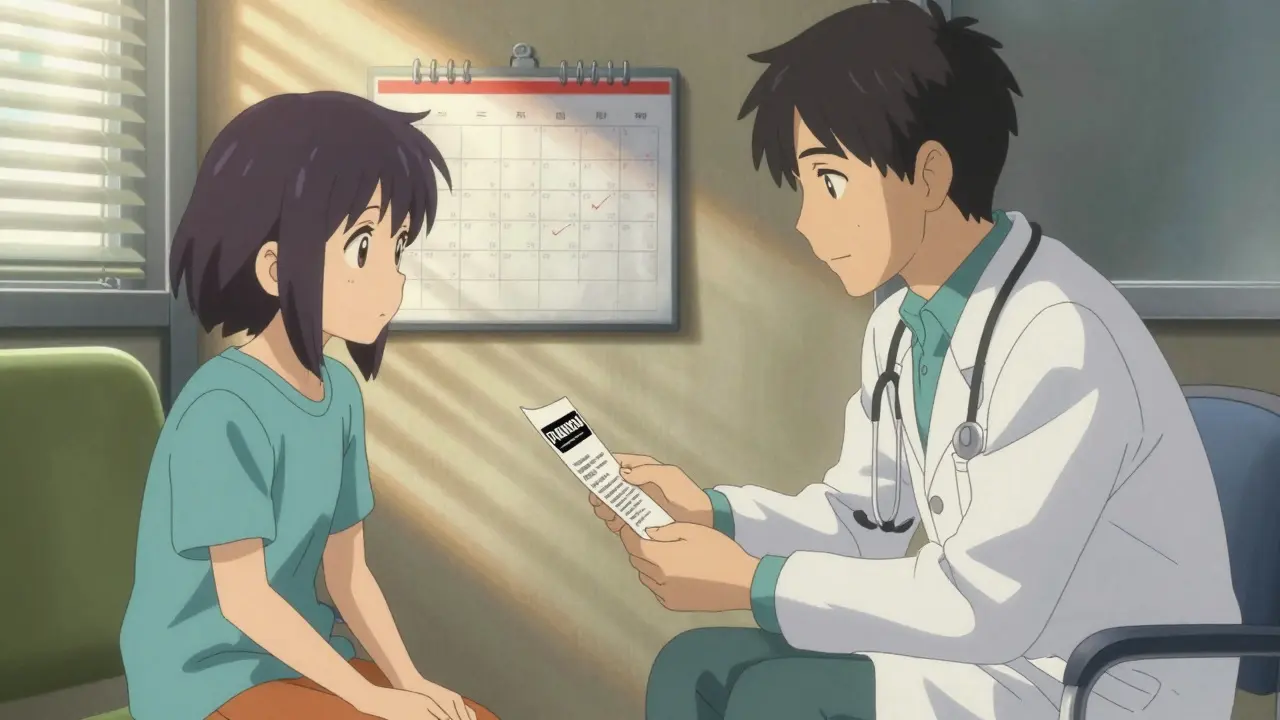 医師と若者が診察室で抗うつ薬の警告パッケージを眺め、緊張した表情で向き合っている。