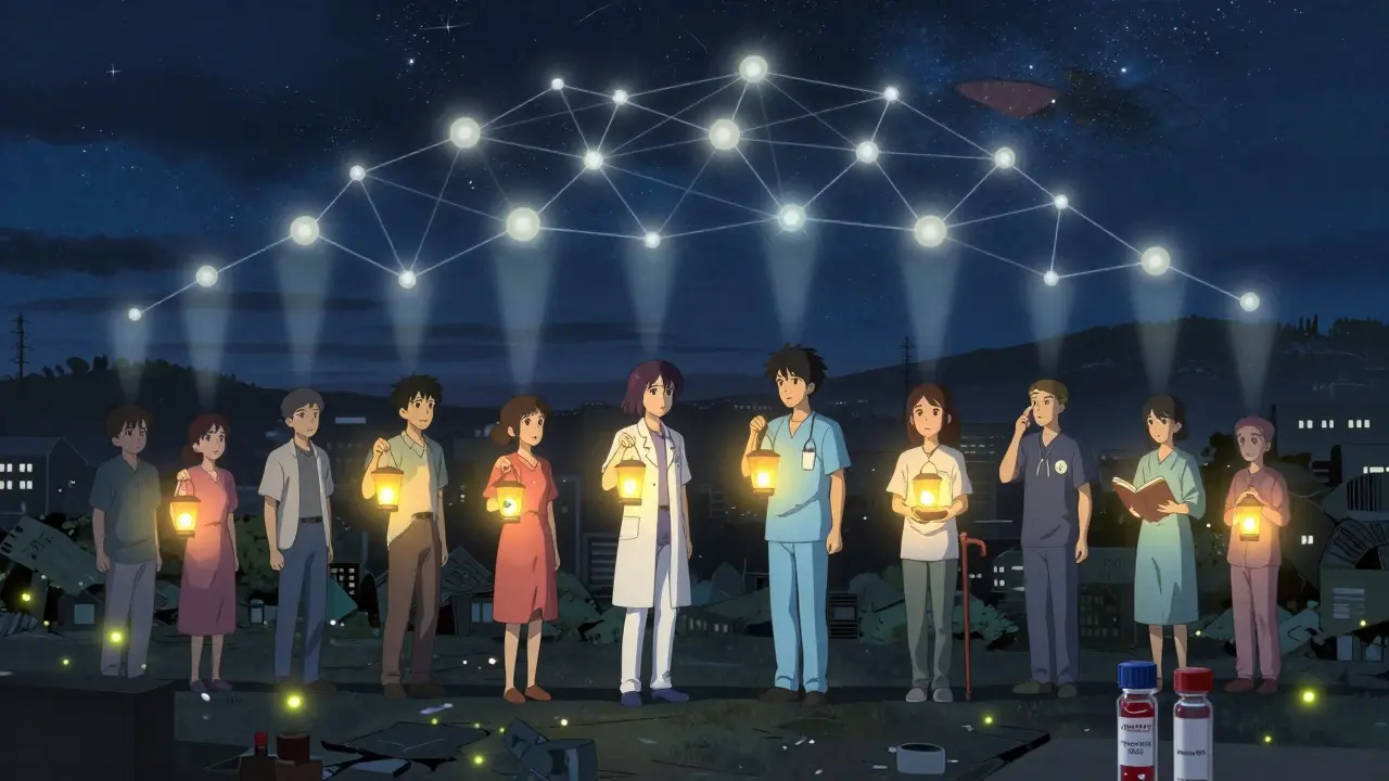 異なる治療を象徴する提灯の光が神経ネットワークを形成し、早期発見の可能性を示す夜景。