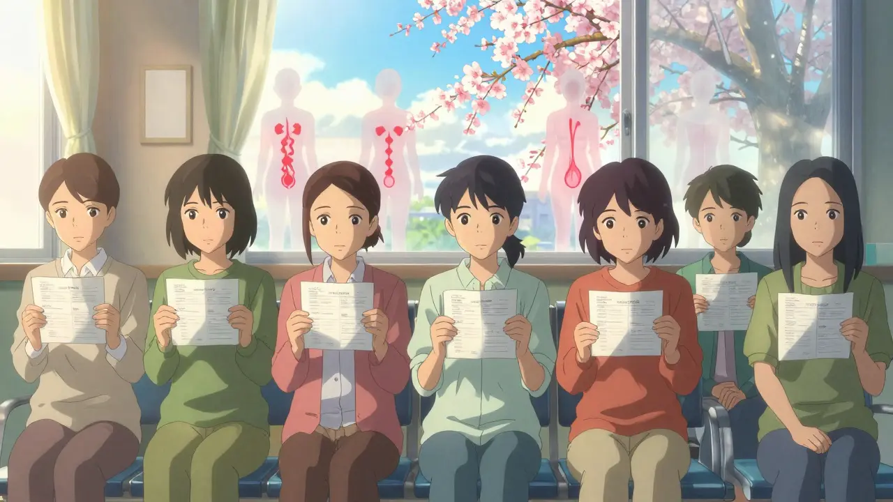 診察室で血液検査結果を握る女性たちの静かな光景、桜の枝が差し込む