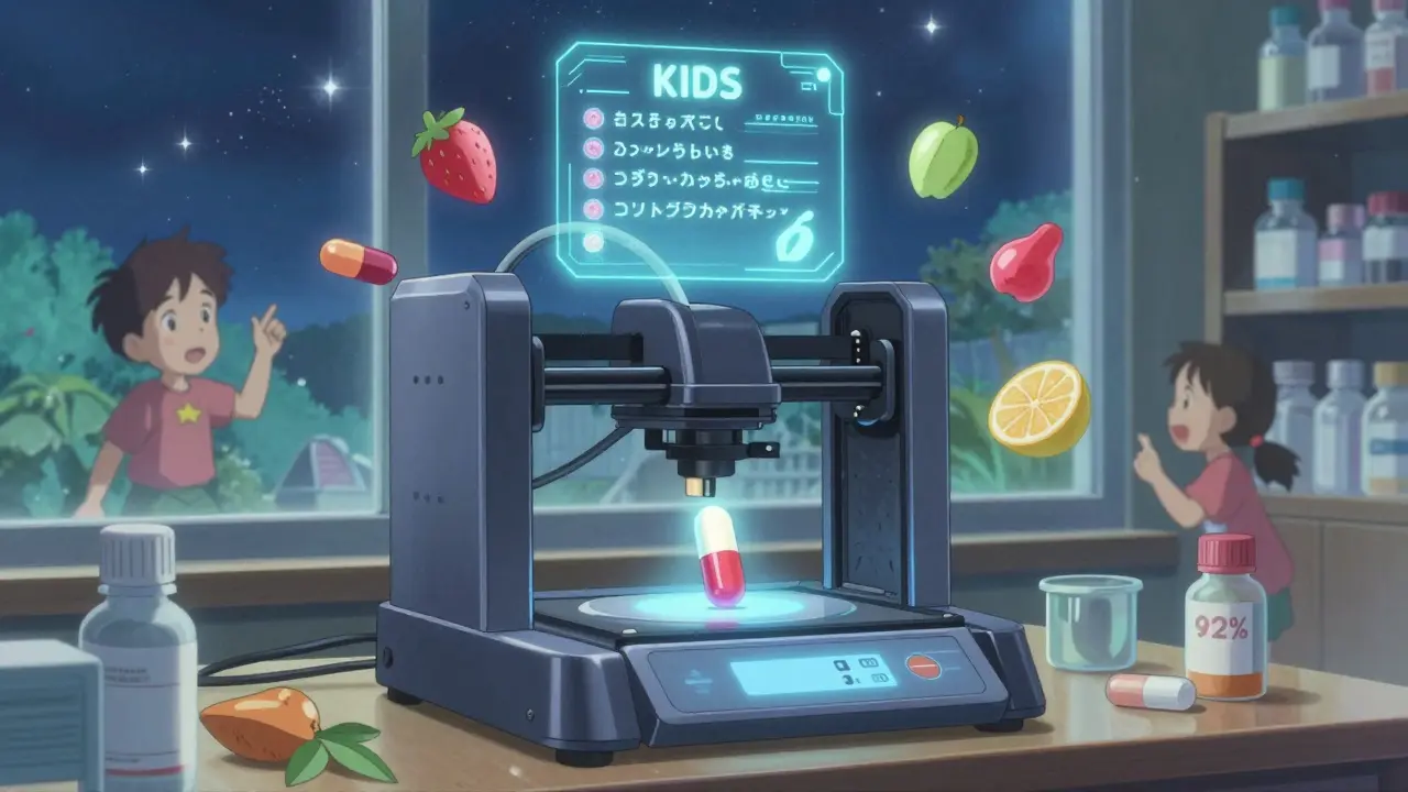 3Dプリンターで体重に合わせた小児用薬を印刷する未来の薬局の様子。