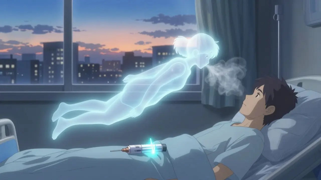 病院のベッドの上にナロキソン注射器が置かれ、上には生命の光が浮かぶ。