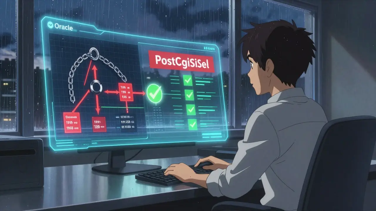 CIOがOracleとPostgreSQLの対比を示す hologram を見つめる、夕暮れのオフィス。