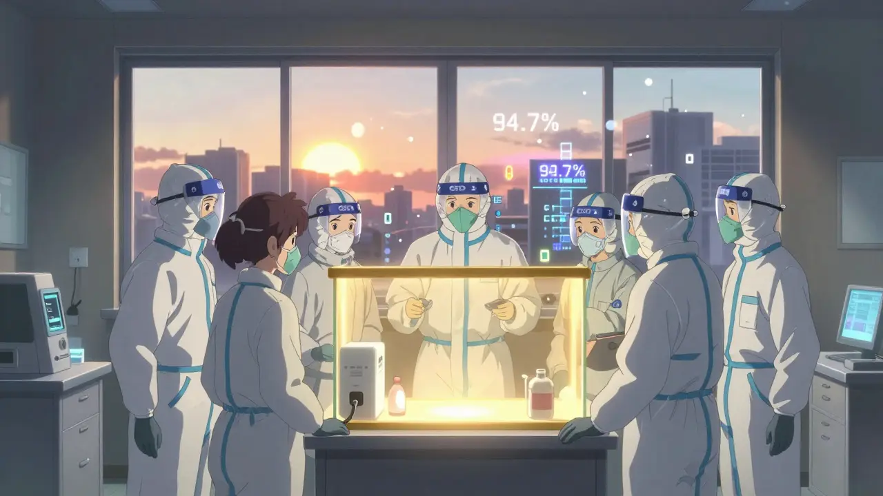 CSTD装置から放たれる保護の光に包まれた医療従事者たちが、安全な職場の未来を象徴するように並ぶ。