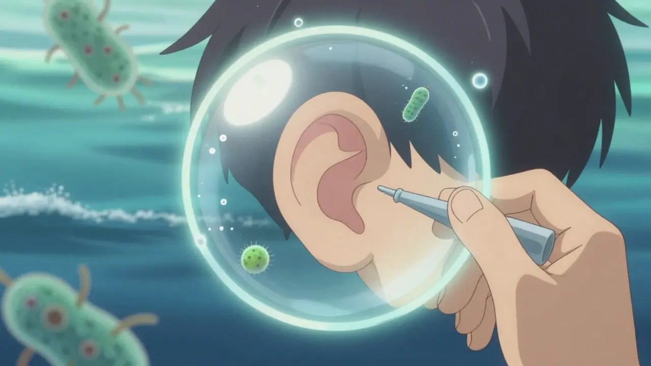 鼓膜に挿入された小さなチューブが光の中に浮かぶ夢幻的なシーン。