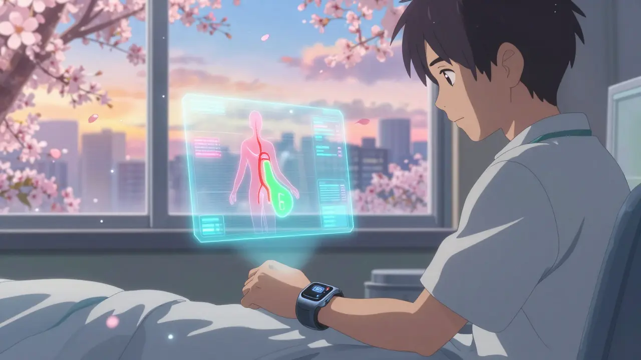 患者がウェアラブルデバイスでリアルタイムの血中濃度ホログラムを見ながら、桜の花びらが外に舞う。