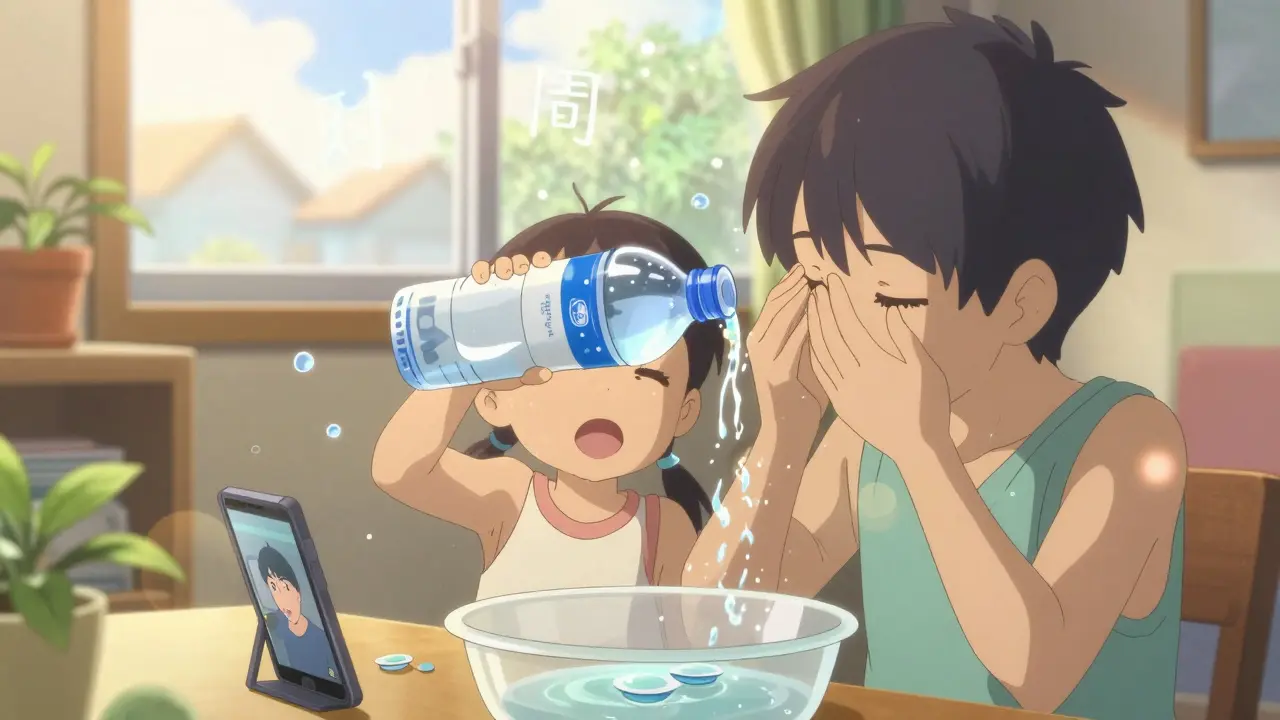 家族が一緒に洗眼の練習をしている様子、ペットボトルから水を注ぎ、目を優しく開いている。