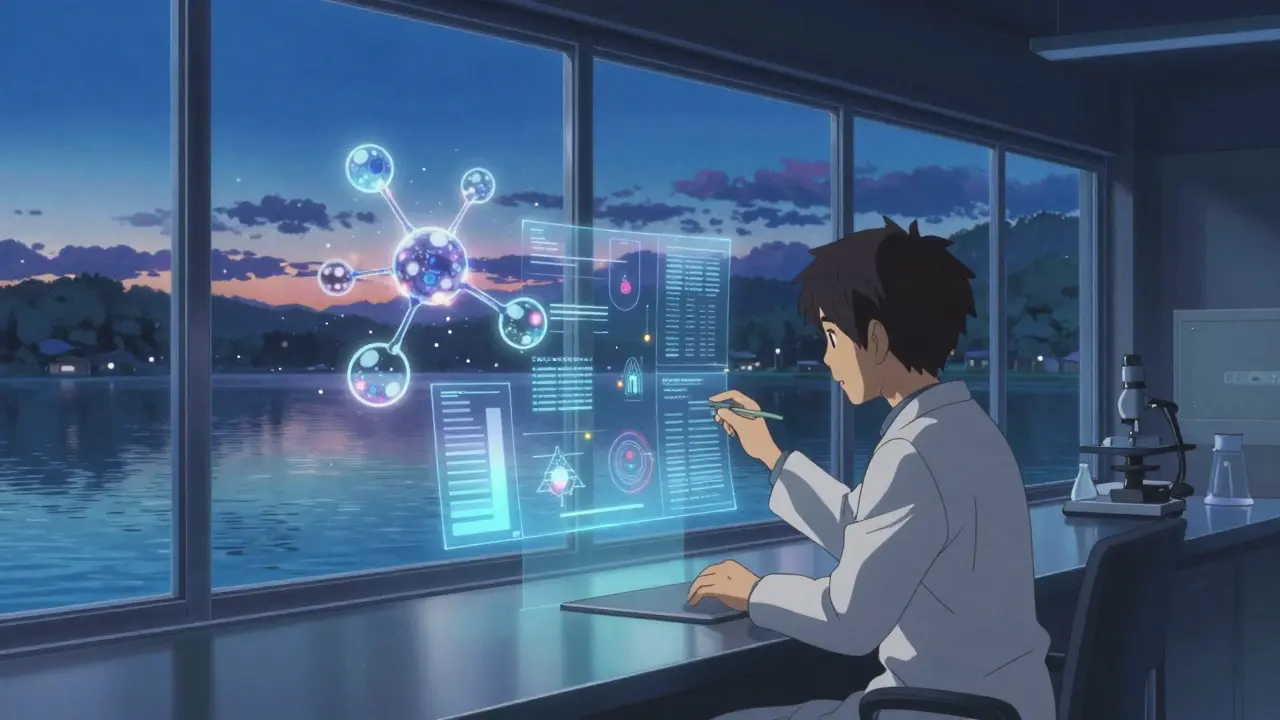 科学者とAIデータ解析。湖畔の研究室で光の粒子。