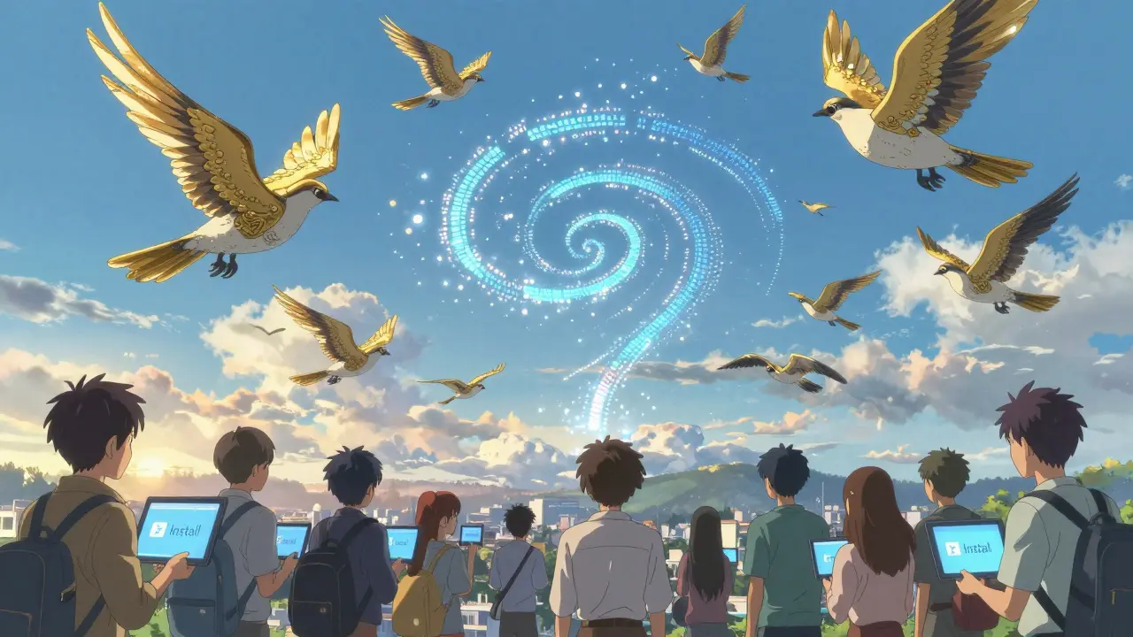 コードでできた鳥が旧式ライセンスを追い越して空に昇る、都市の風景。