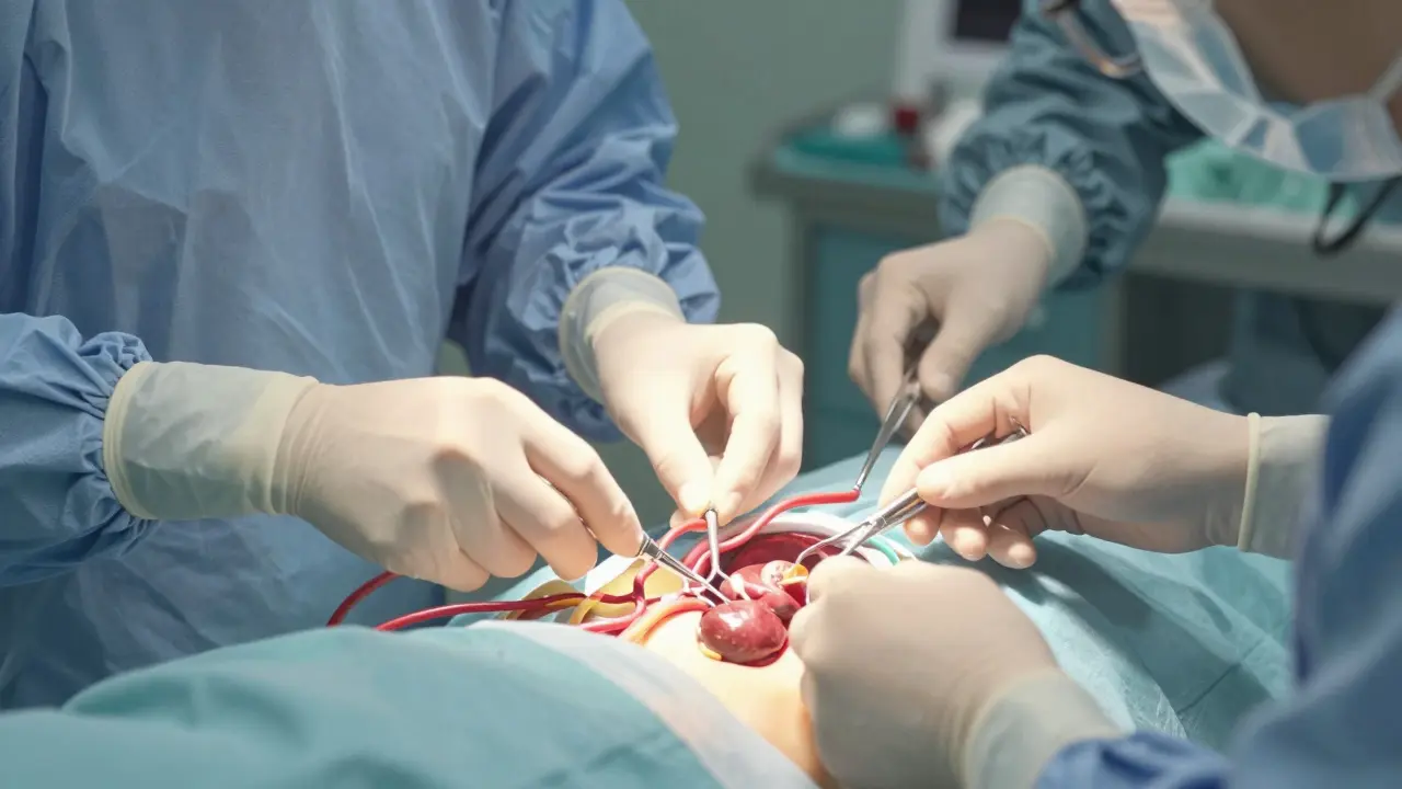 腎移植手術中の手術チーム。血管接続の細部描写。