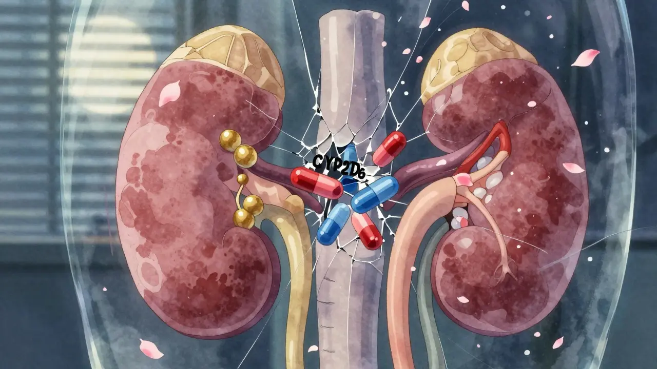 腎臓と肝臓に蓄積するトラマドールとCYP2D6酵素の阻害を可視化したイラスト。