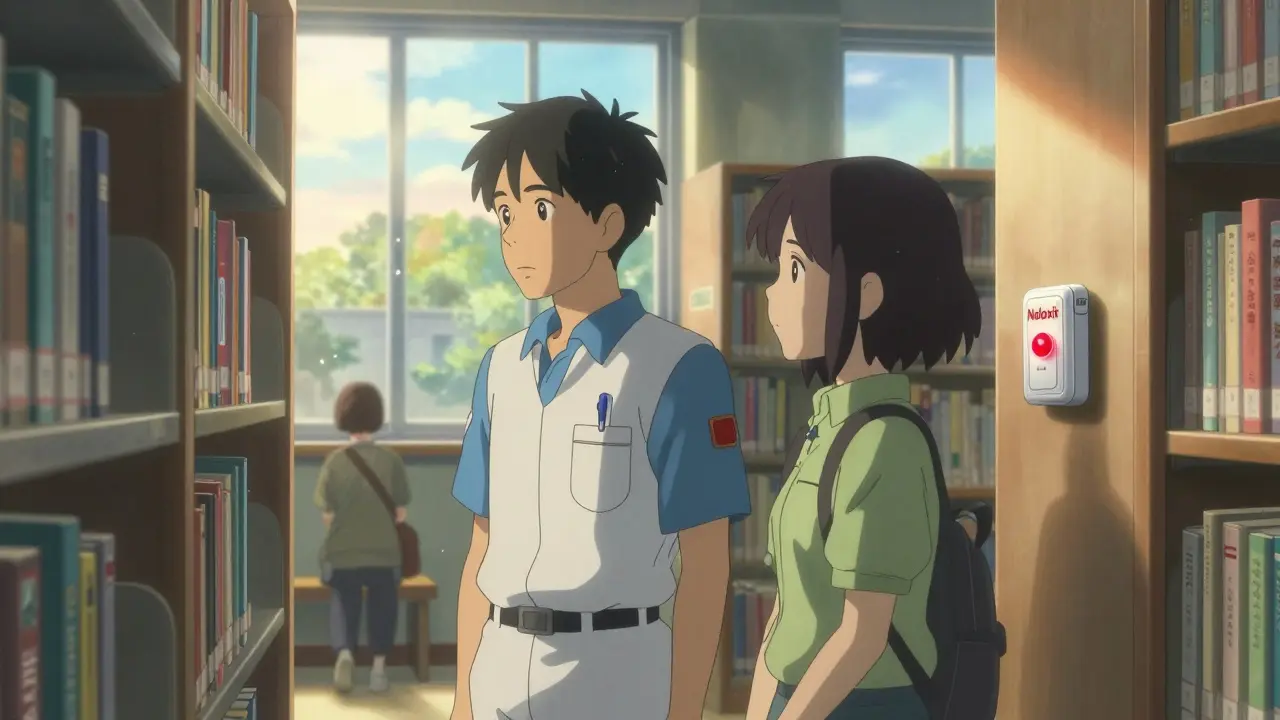 図書館の壁に設置されたナロキソンキットと光りの差す窓。