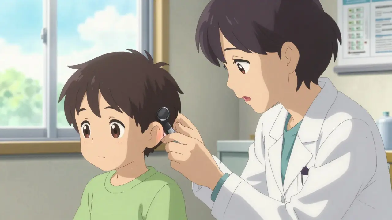 小児科医が診察室で子どもの耳を検査している様子。