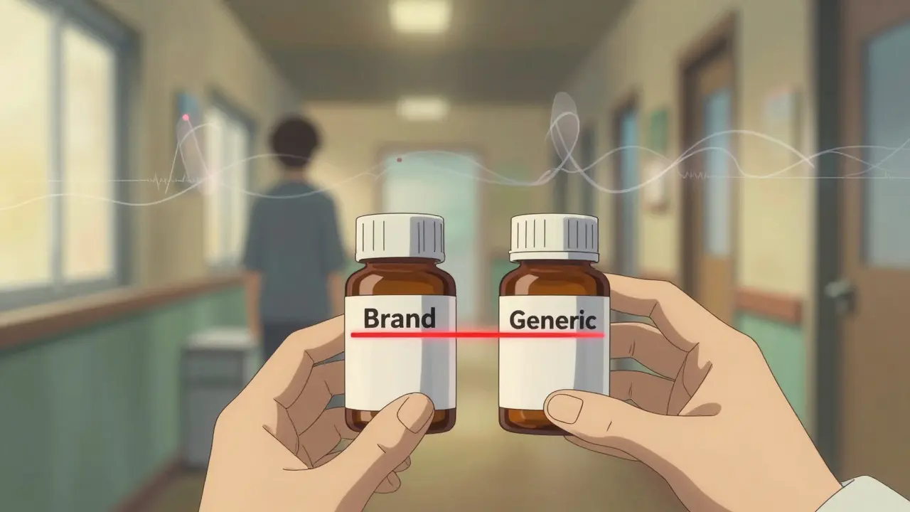薬剤師がジェネリックと原研薬の瓶を並べ、血中濃度の危険な差を示す光の線が間にある。