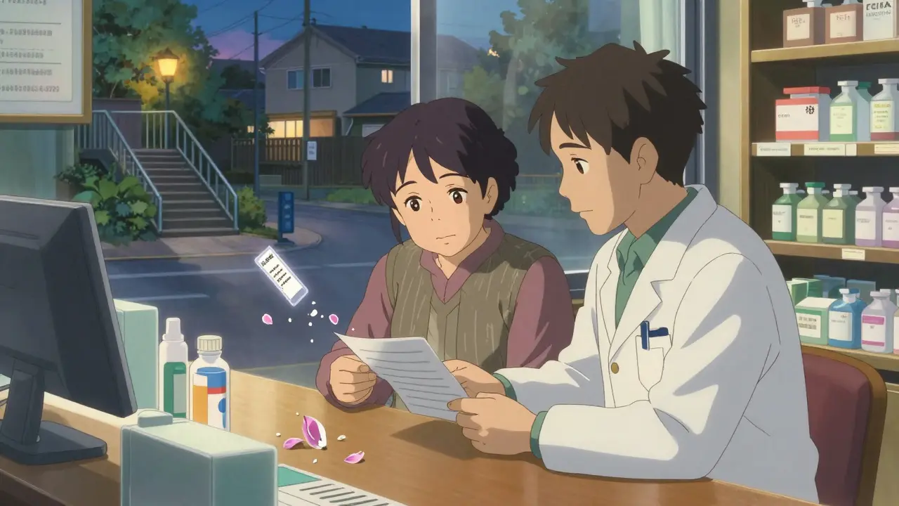 薬剤師と高齢者が薬の見直しを行い、安全な生活環境を築いている様子。