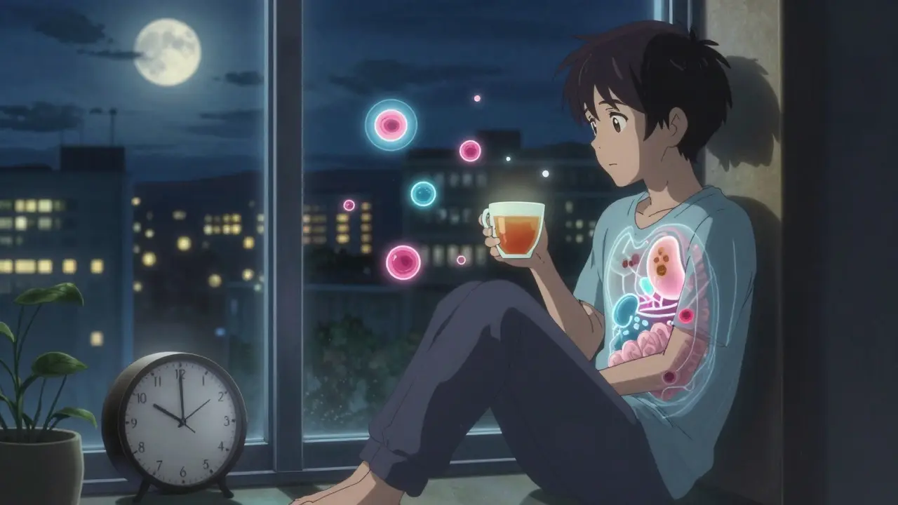 夜の窓辺で茶を飲む人物の周囲にホルモンのアイコンが浮かぶ、落ち着いた夜の光景。