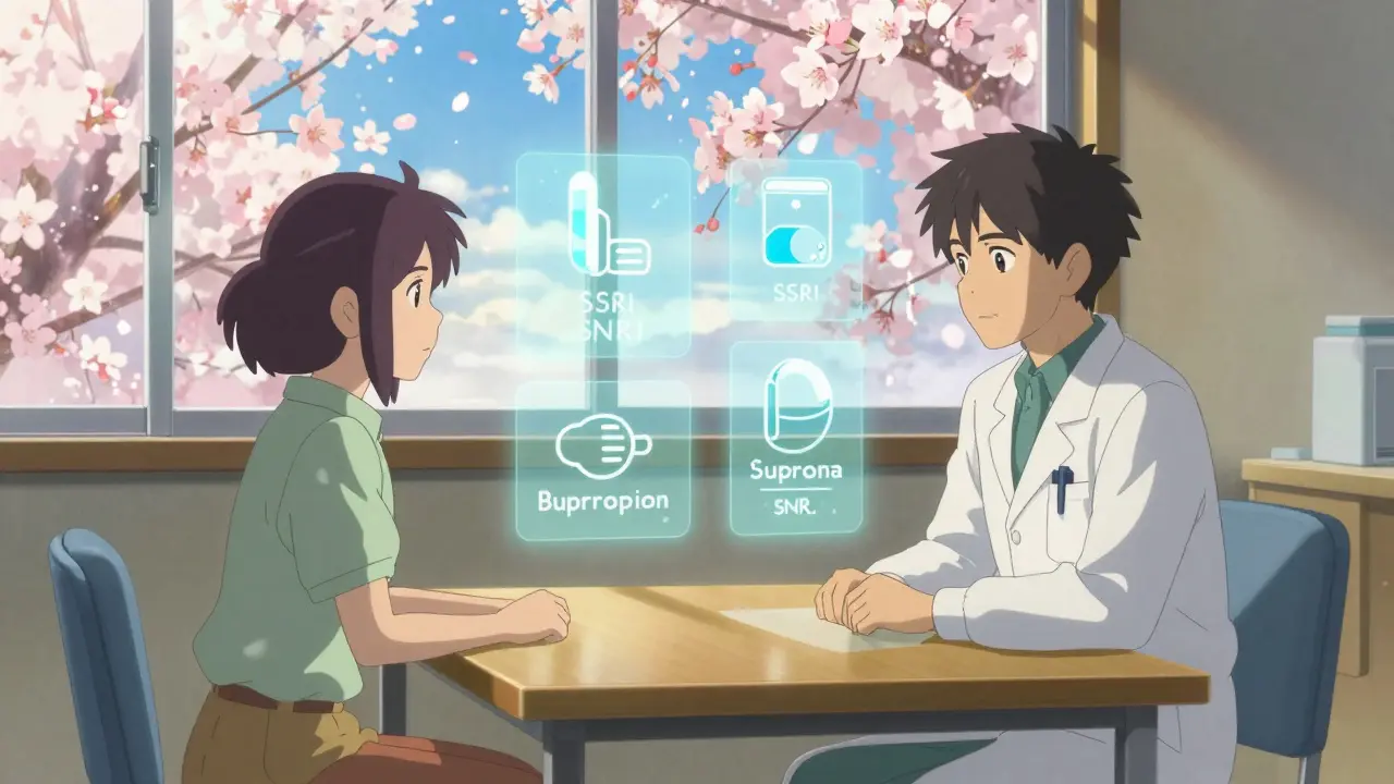 医師と患者が診察室で抗うつ薬の種類をテーマに話し合う様子。