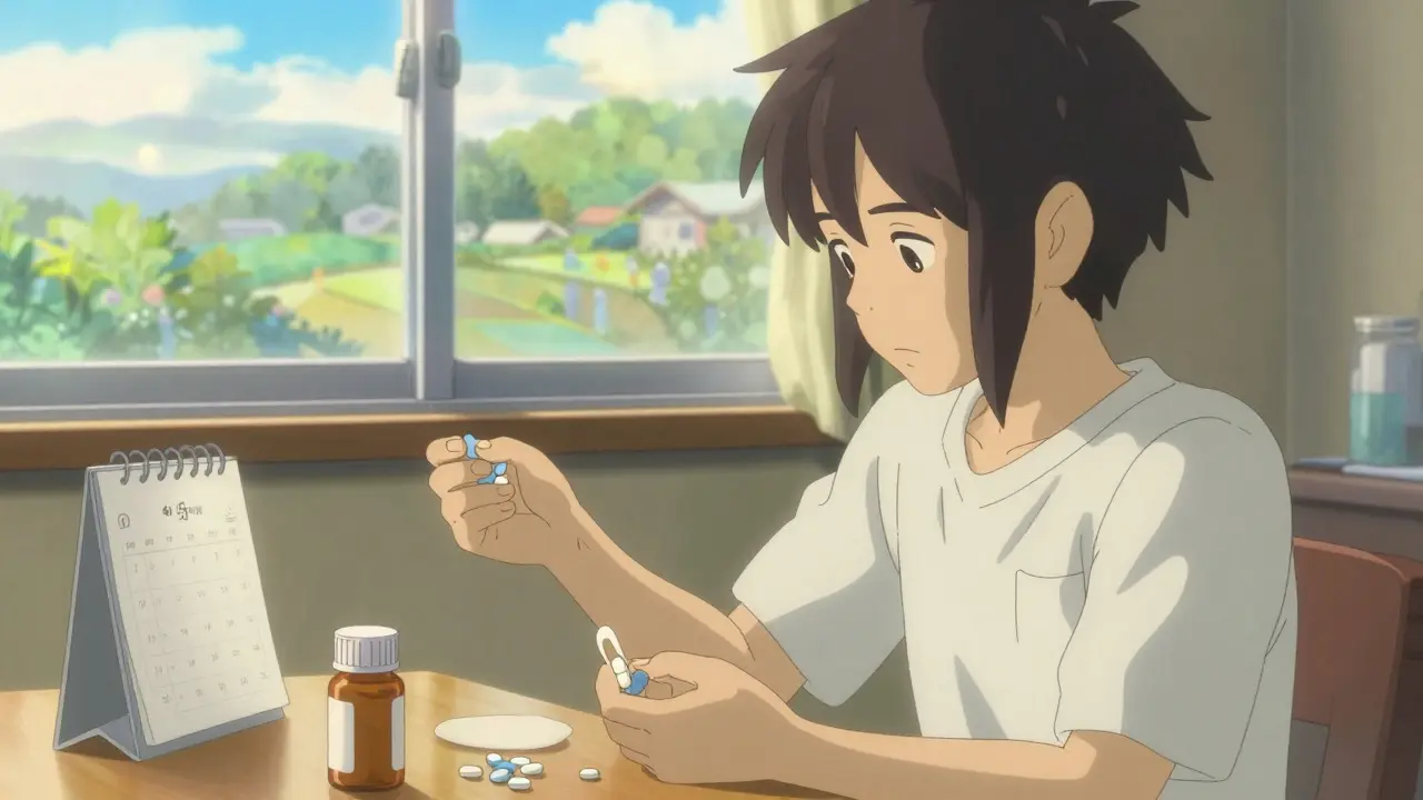 自宅で免疫抑制剤を服用する患者。窓越しの静かな風景。