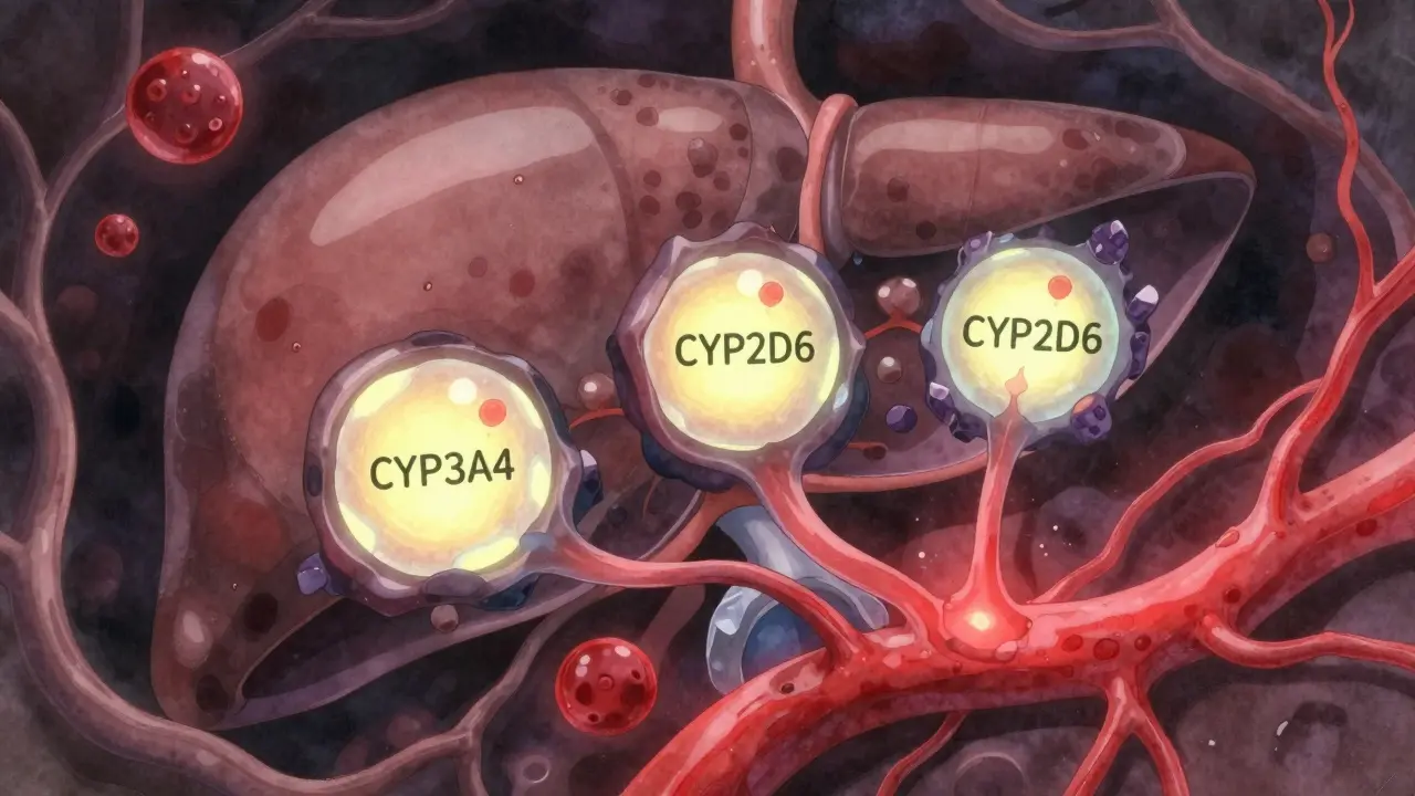 肝臓の中でCYP酵素がクエルセチンに阻害され、血液中の薬濃度が上昇する様子。