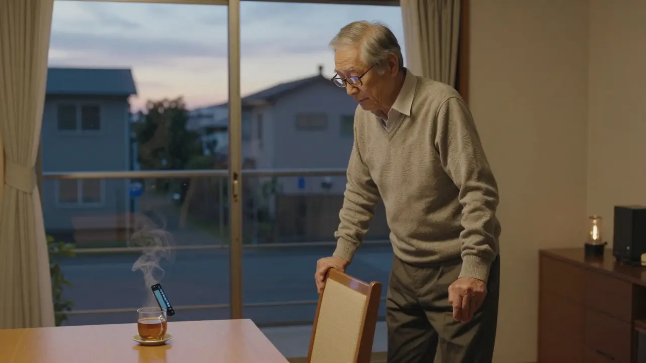 高齢の男性がテレビのCM中にリビングで軽く歩いている。スマホの画面と茶碗が画面の隅に見える。