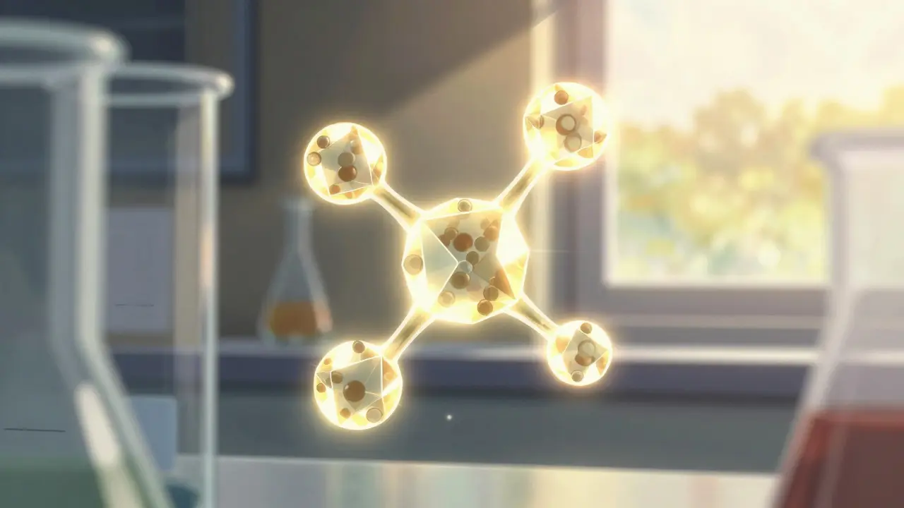 光の粒子として描かれた薬の成分が安定して浮遊する様子の芸術描写