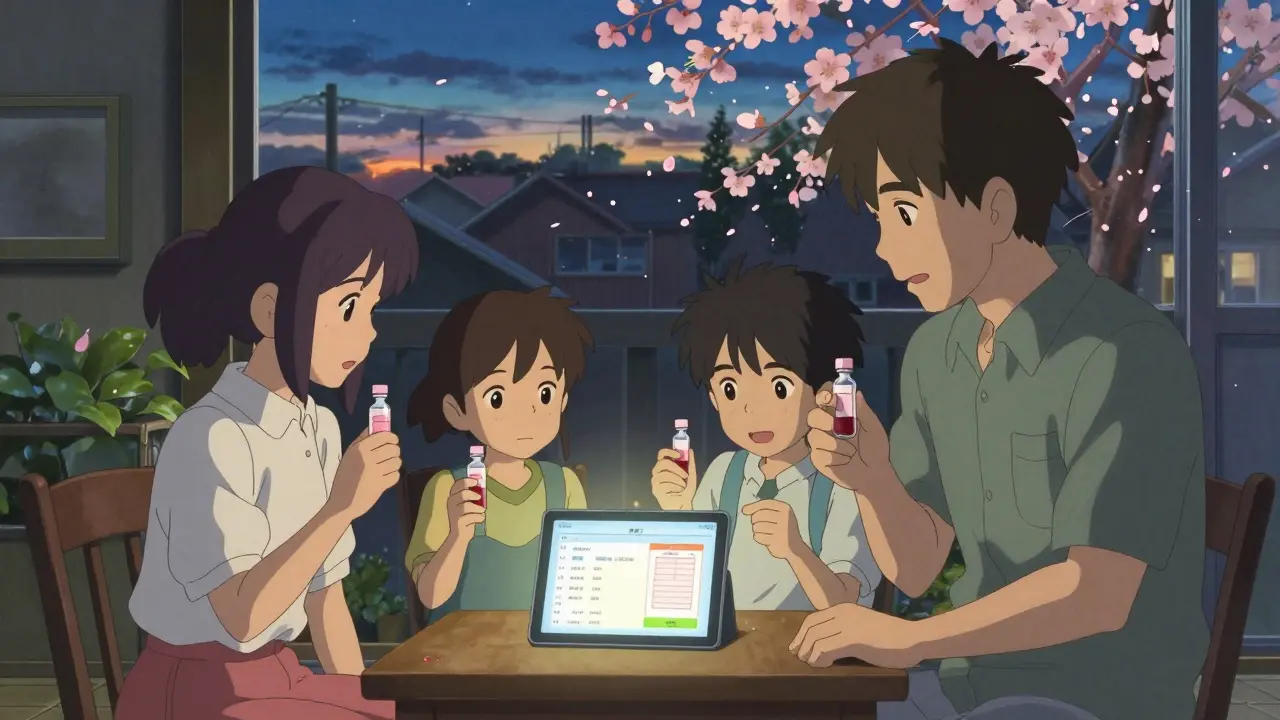 家族が夕暮れの家で遺伝子検査結果を確認し、桜の花びらが風に舞う静かな瞬間。