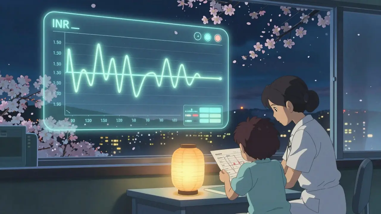 看護師と患者が診療室でINRグラフを確認し、外には桜の花びらが舞う静かな夜の風景。