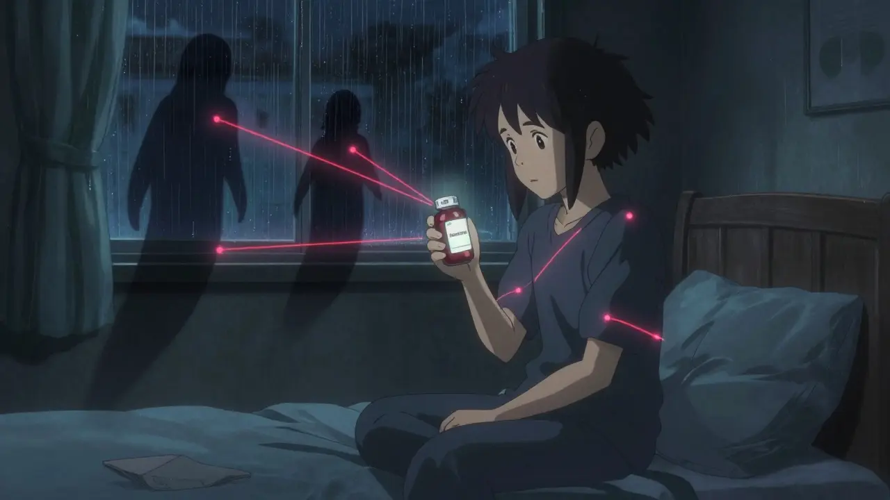 クエルセチンサプリを手にした人が、薬の影に囲まれて孤独に座る夜の部屋。