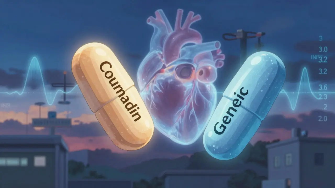クーマディンとジェネリックワファリンの薬が浮かび、心臓とINR数値の流れが幻想的に描かれたシーン。